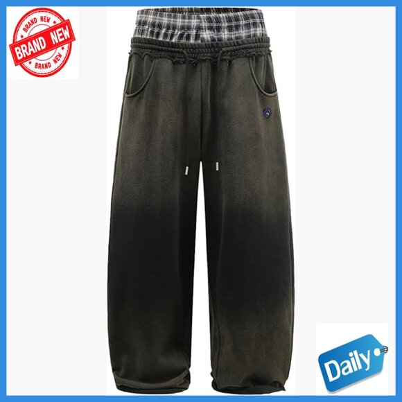 Double Waist Washed Cotton Sweatpants Wide Leg Patchwork Casual Pants